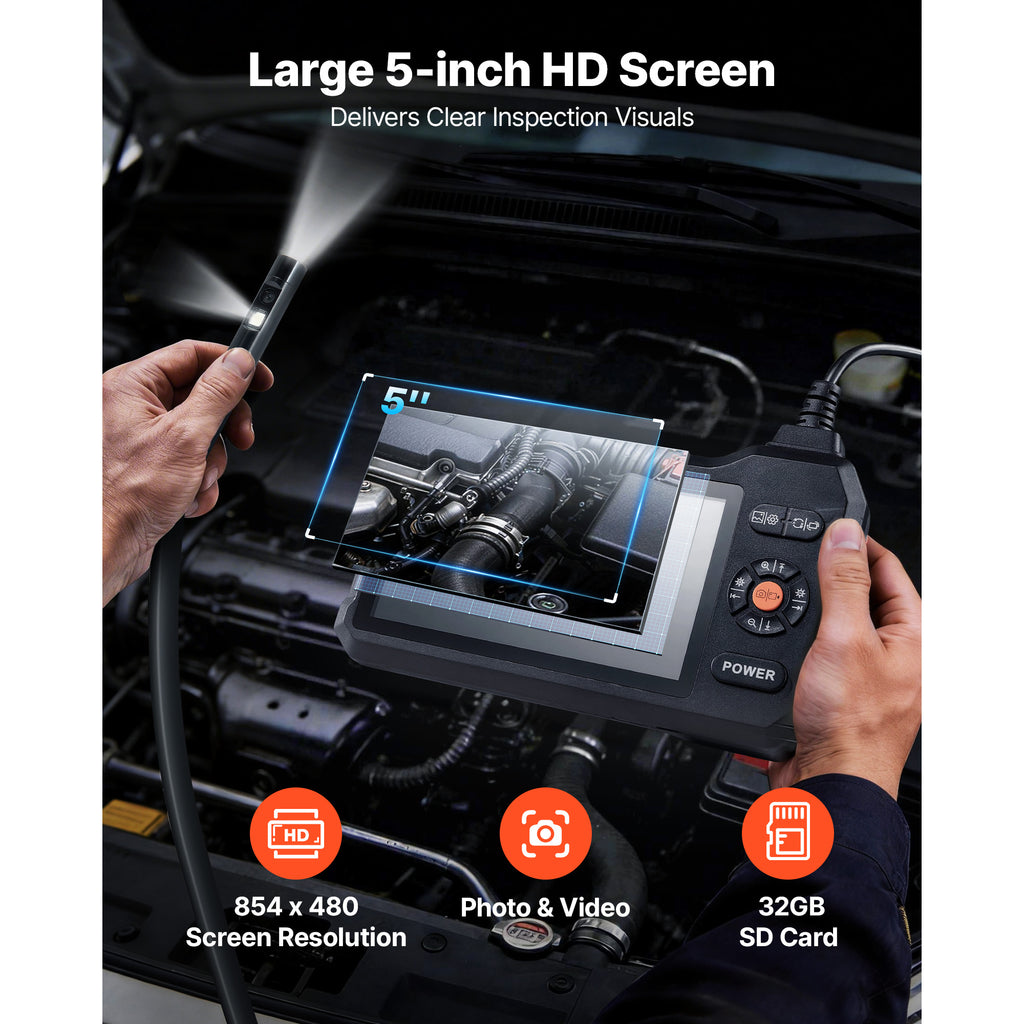 VEVOR dual-lens borescope 5-inch HD IPS screen showing a clear under-hood inspection view
