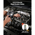 VEVOR triple-lens borescope inspection camera in use on an engine with its rigid snake cable
