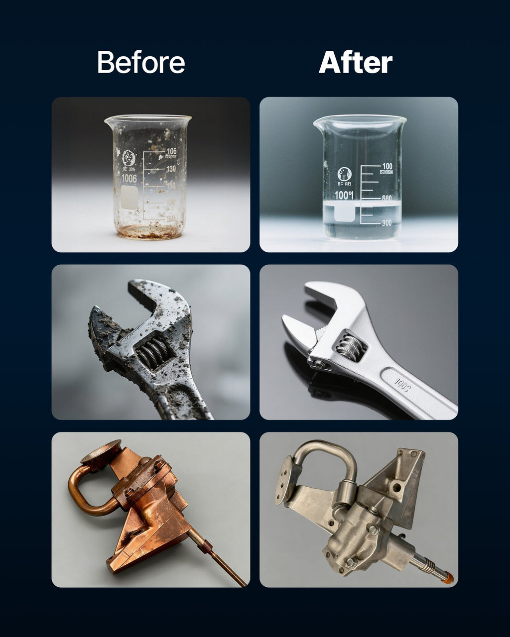 Before and after comparison of glassware and tools cleaned in the tank