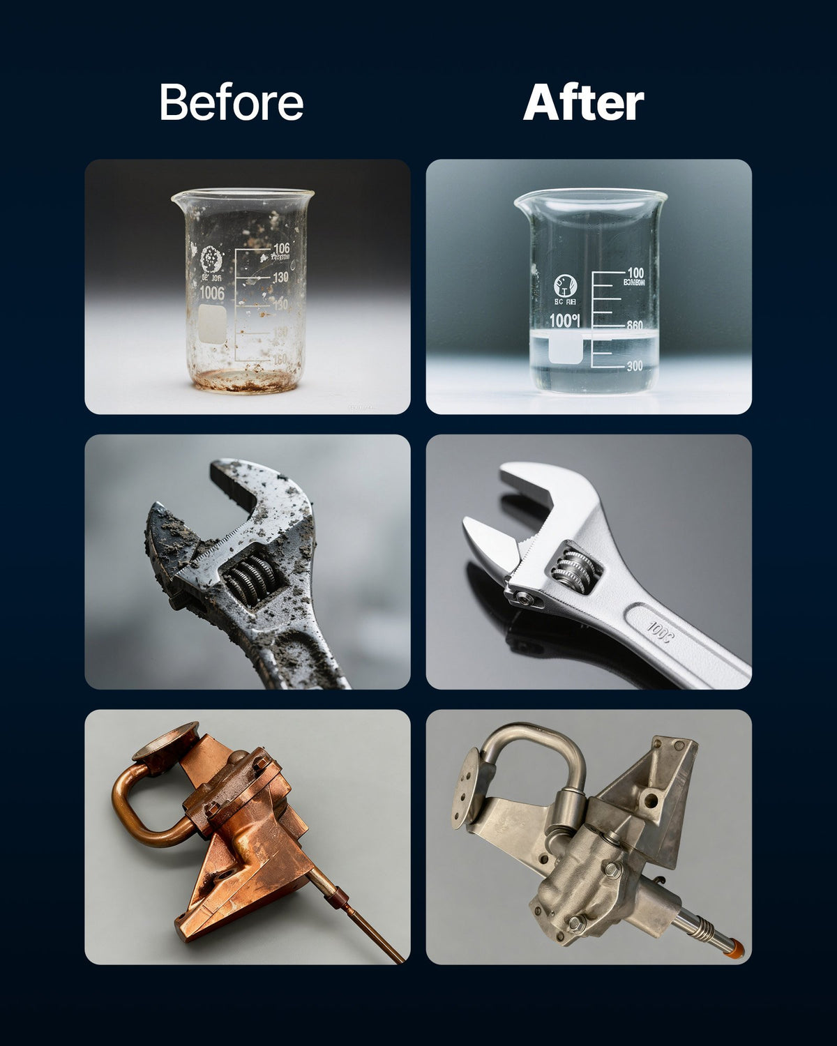 Before and after comparison of glassware and tools cleaned in the tank