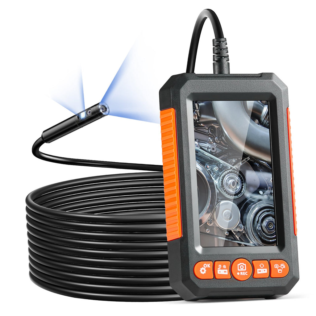 VEVOR dual-lens borescope handset with the dual-lens probe spooled alongside