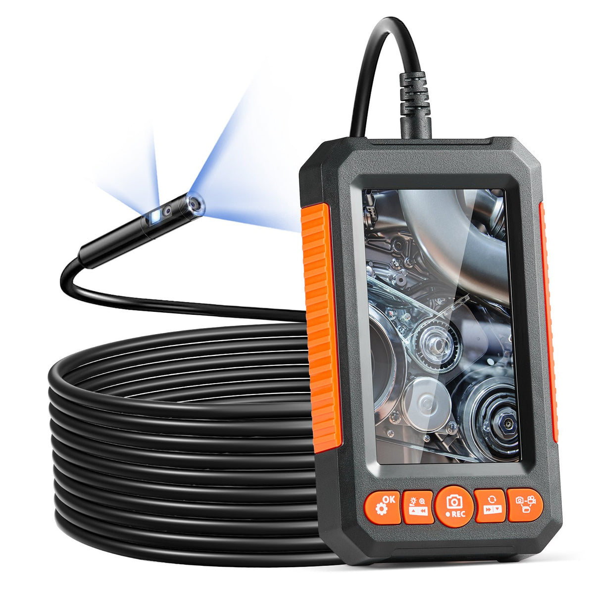 VEVOR dual-lens borescope handset with the dual-lens probe spooled alongside