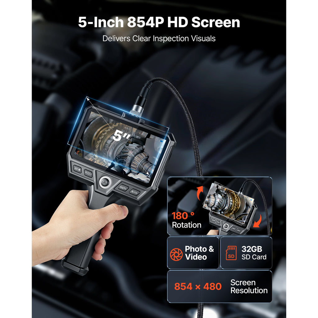 VEVOR triple-lens borescope HD IPS screen with image rotation, IP67 waterproof rated