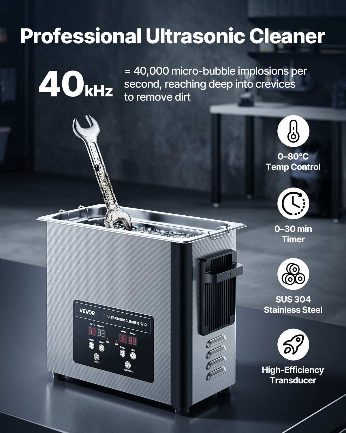 Ultrasonic cleaner shown cleaning a wrench in its stainless steel tank
