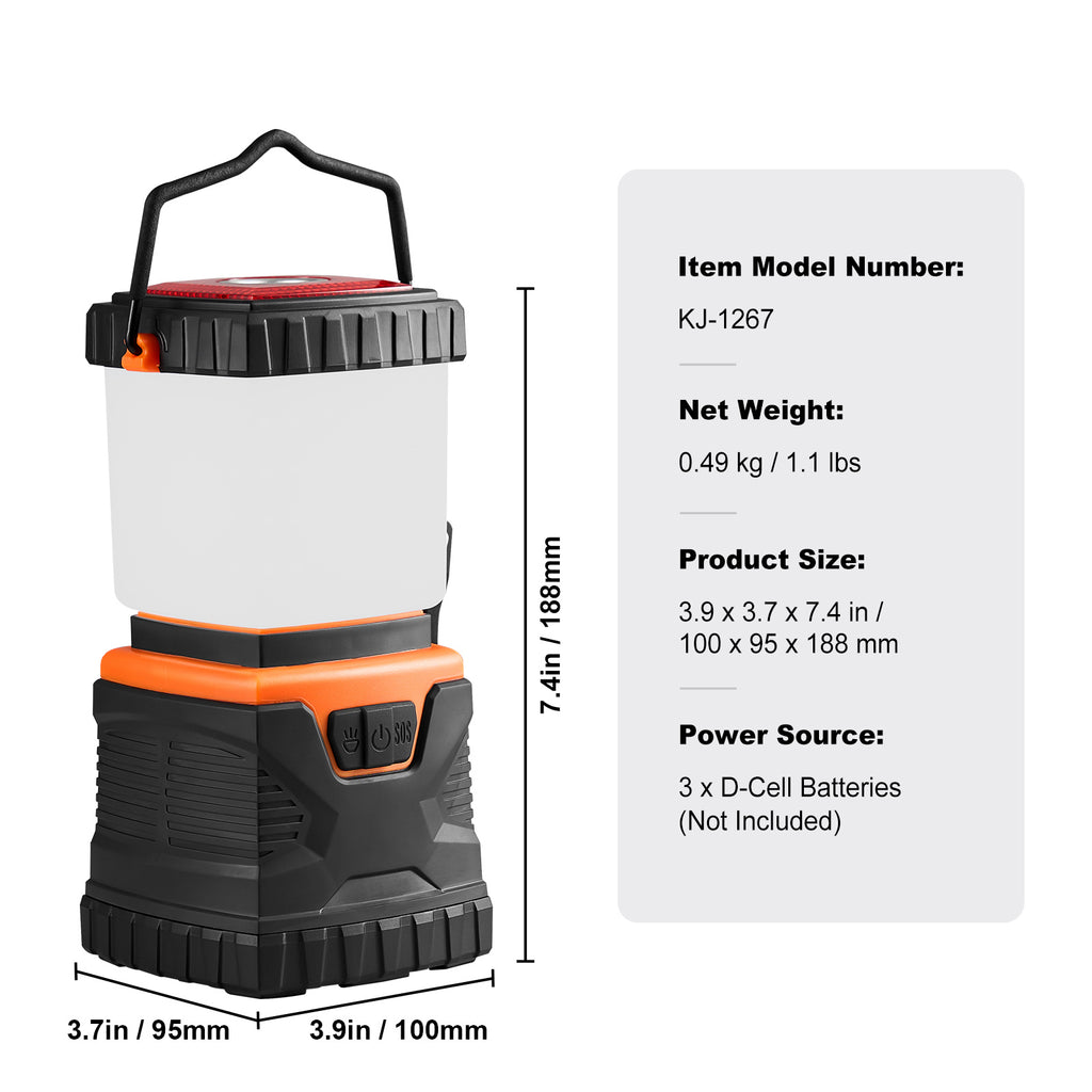 VEVOR LED camping lantern lantern specification card: 0.49 lb, powered by 3 D-cell batteries