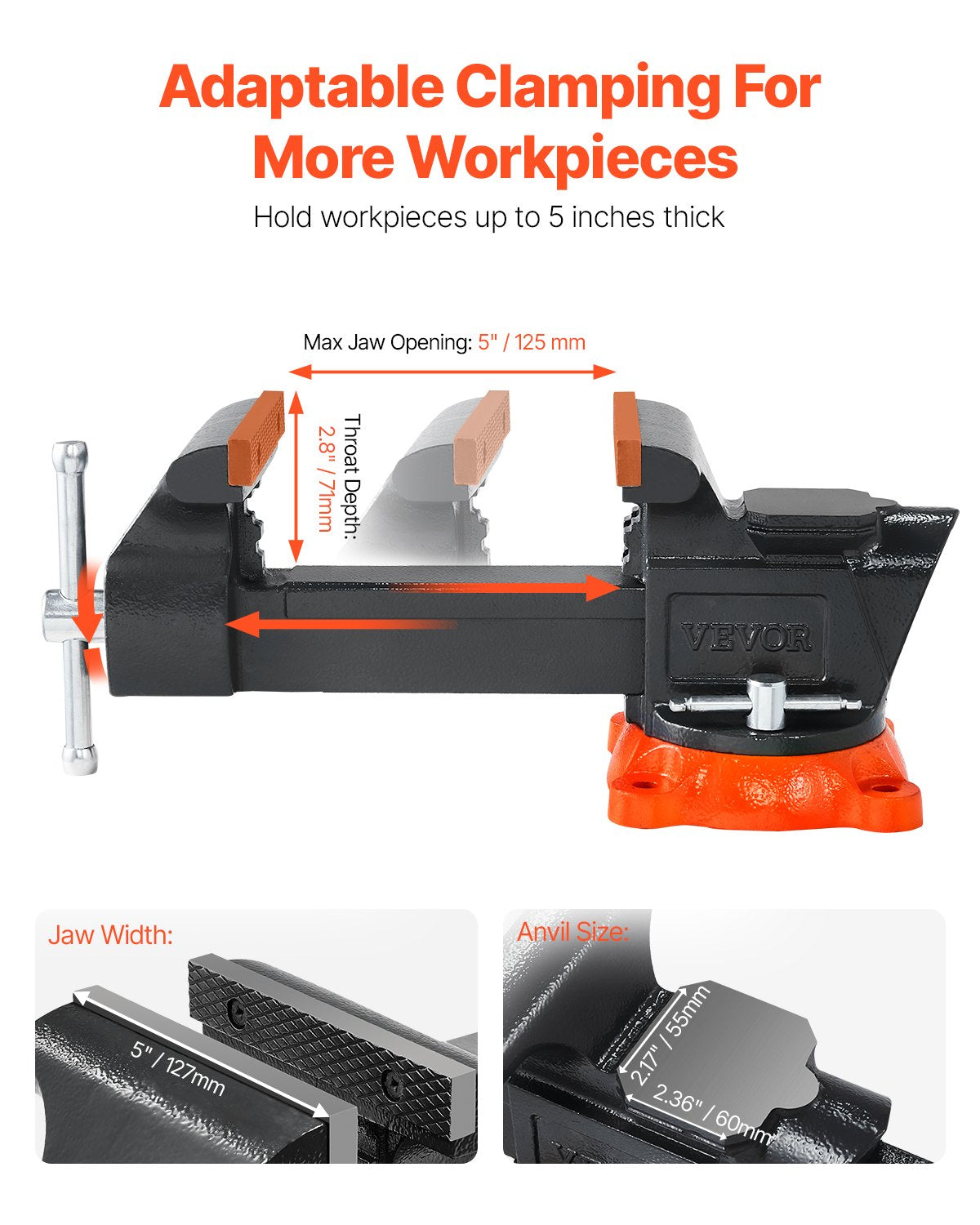 Bench vise jaw opening shown clamping stock up to five inches thick