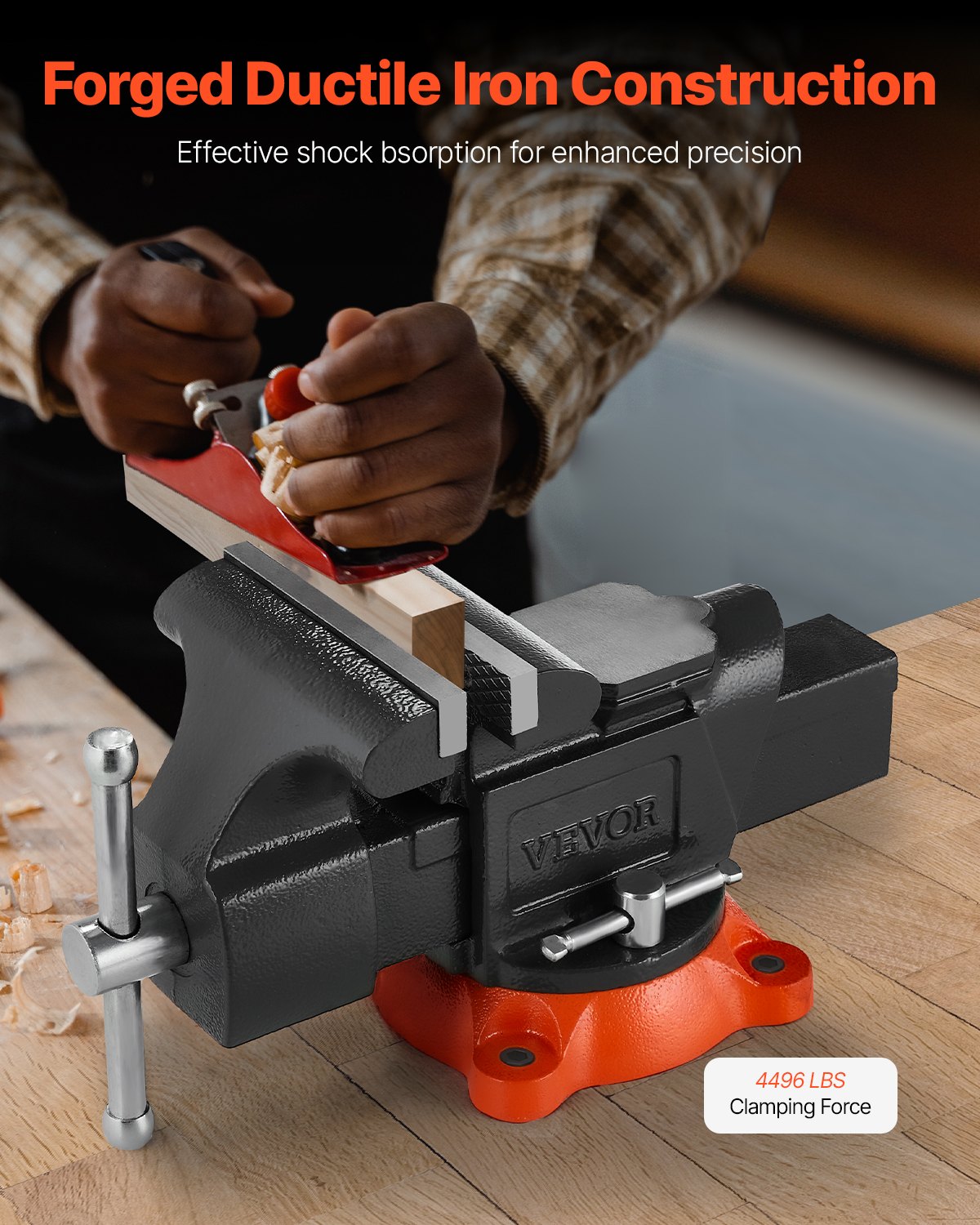 Forged ductile iron bench vise in use clamping a workpiece on a bench