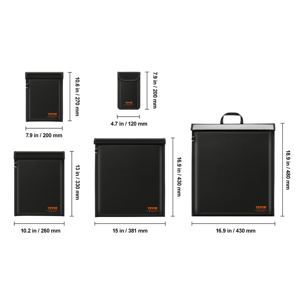 VEVOR Faraday pouch set four pouch sizes with dimensions from 4.7 to 16.9 inches