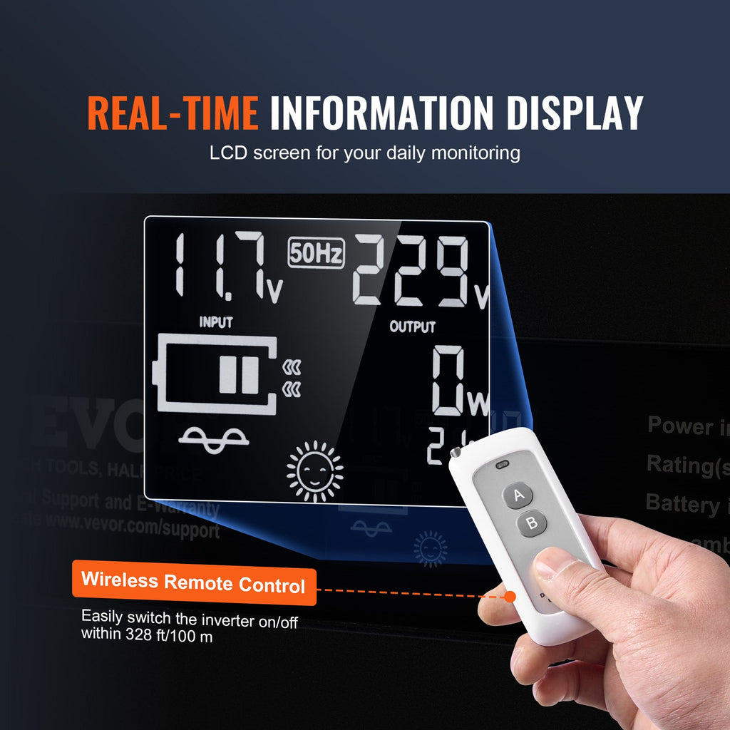 VEVOR 3000W inverter inverter LCD showing 11.7 V input and 229 V output with remote