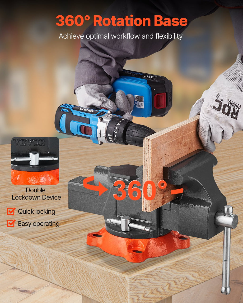 VEVOR bench vise with a 360-degree rotating base holding a workpiece